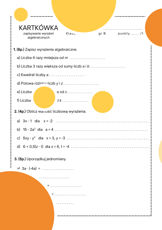 Kartkówka - zapisywanie wyrażeń algebraicznych. Wyrażenia algebraiczne. Klasa7