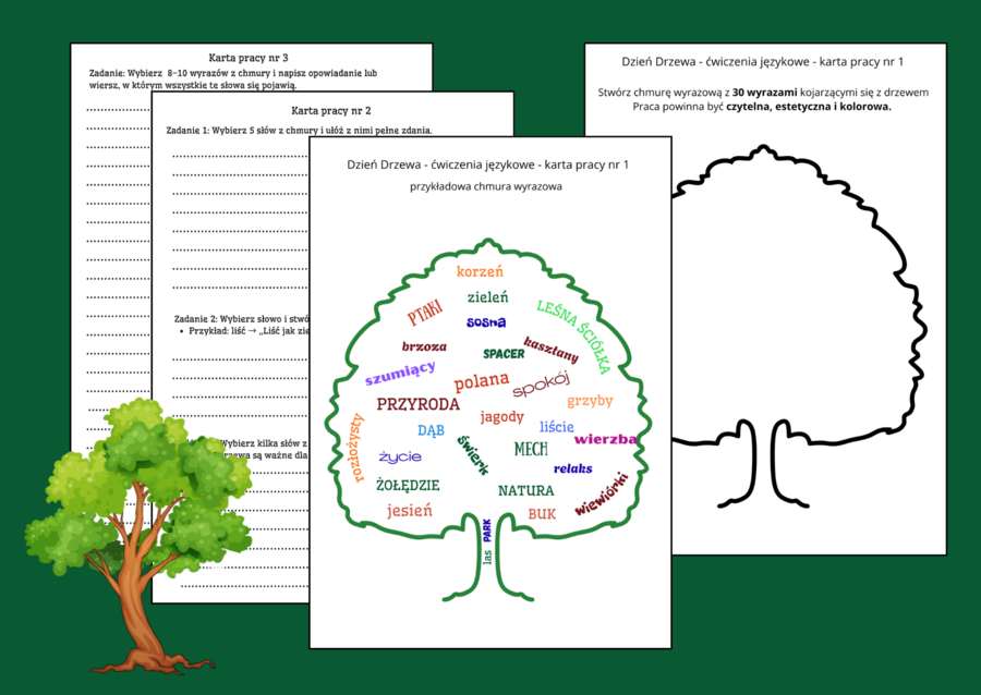 🌳🌲 Dzień Drzewa - Dzień Lasów - Dzień Spadającego Liścia 🍂 – ĆWICZENIA ORTOGRAFICZNE I REDAKCYJNE ✍️ – Chmura wyrazowa – kreatywne zadania językowe dla uczniów – karty pracy – klasy 4-8 – ortografia