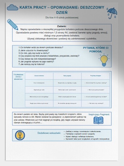 Karta pracy: "Opowiadanie – Deszczowy Dzień"