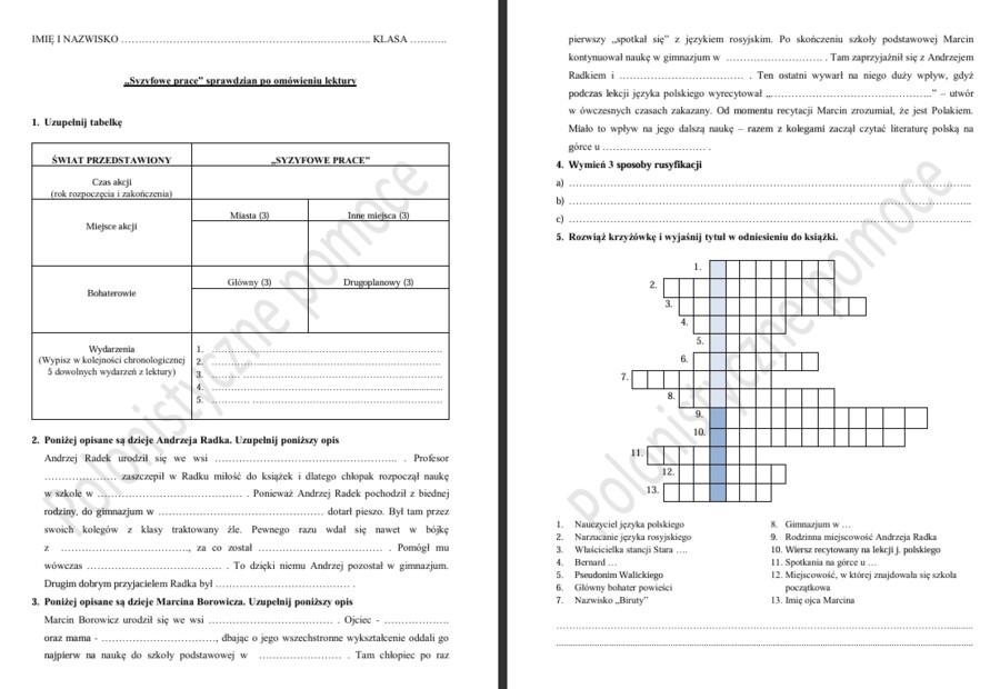 Sprawdzian po omówieniu lektury "Syzyfowe prace"