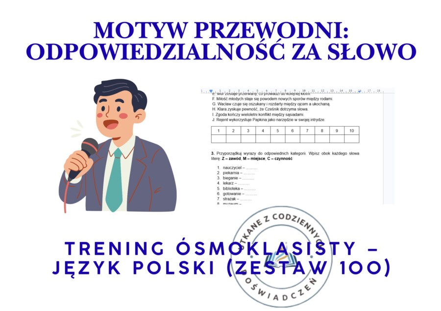 Trening ósmoklasisty – język polski (zestaw 100). Motyw przewodni: ODPOWIEDZIALNOŚĆ ZA SŁOWO