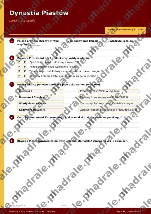 DYNASTIA PIASTÓW - Karta pracy ucznia