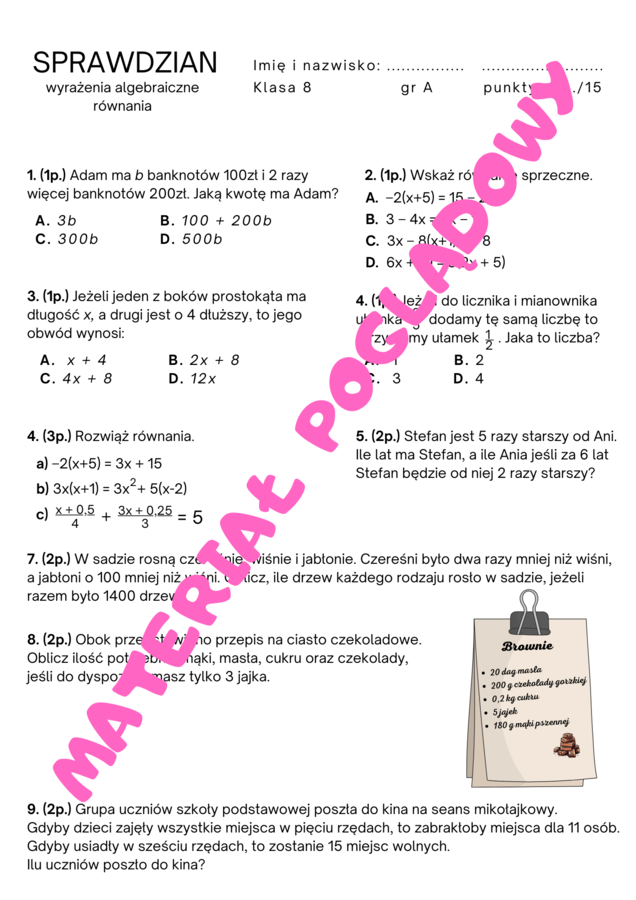 Wyrażenia algebraiczne i równania. Sprawdzian, powtórzenie wiadomości klasa 8.