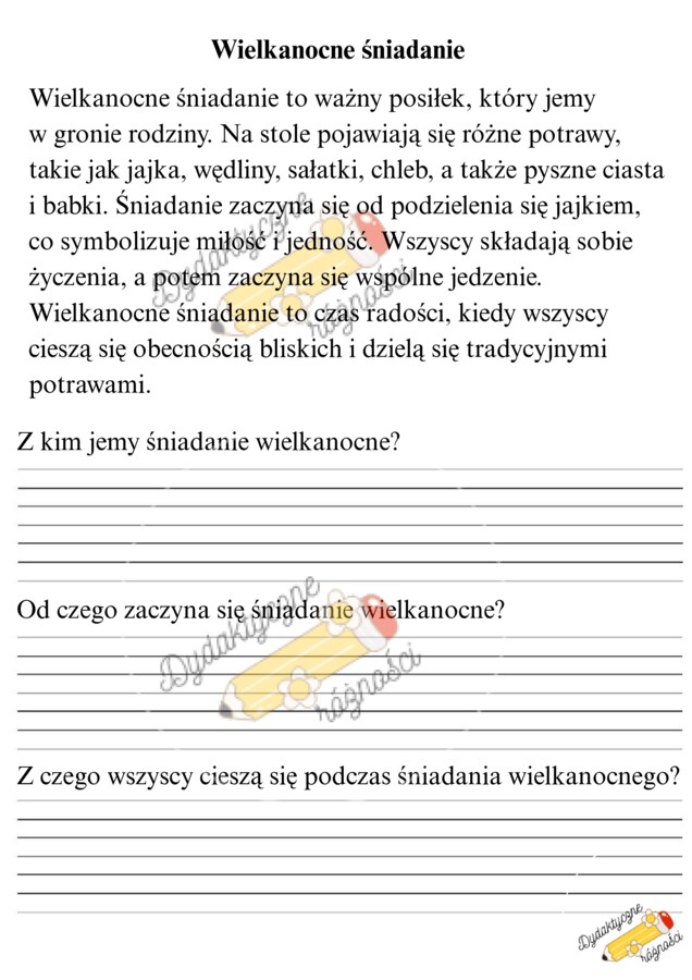 Czytanie ze zrozumieniem klasa 1. WIELKANOC. Teksty: Pisanki- wielkanocne jajka, Wielkanoc- czas radości, Wielkanocne kwiaty, Wielkanocne śniadanie, Wielkanocny koszyczek, Zajączek wielkanocny.