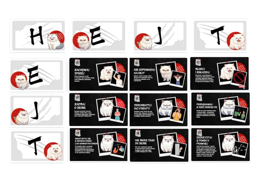 Gazetka szkolna na temat HEJTU - Tytuł gazetki: HEJT - Jak sobie radzić? Proste kroki