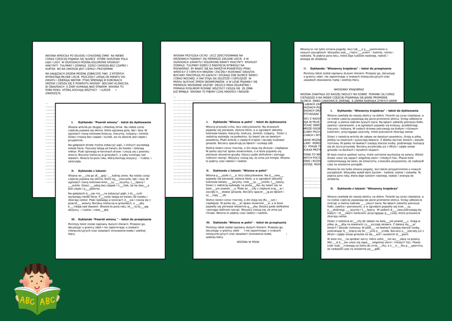 DYKTANDO - wiosna - ORTOGRAFIA - ćwiczenia - 3 wersje