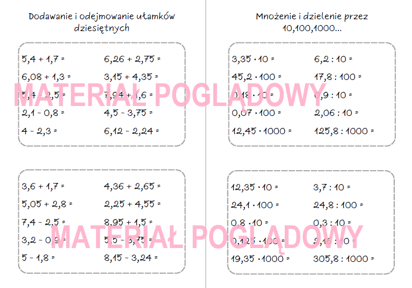 Szybkie karteczki - dodawanie, odejmowanie, mnożenie, dzielenie ułamków, działania na ułamkach (karta pracy, kartkówka kl 4, 5, 6, 7, 8)