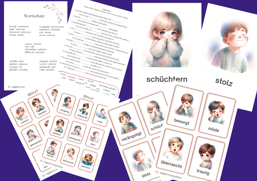 Niemiecki - Gefühle - 2 układy kart obrazkowych, Bingo, Zestaw ćwiczeń z zakresu Uczuć