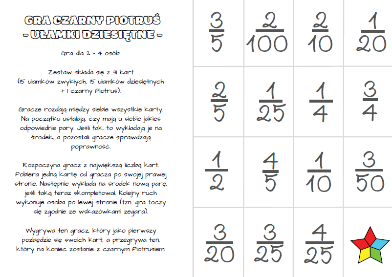 Gry - ułamki dziesiętne (czarny Piotruś, wojna, oczko, memory) klasa 4, 5, 6