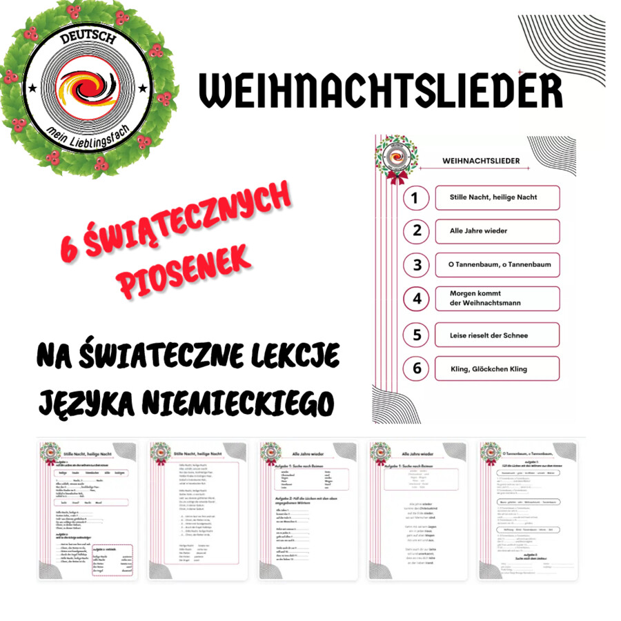 Weihnachtslieder - 6 kart pracy ze świątecznymi piosenkami na lekcję języka niemieckiego