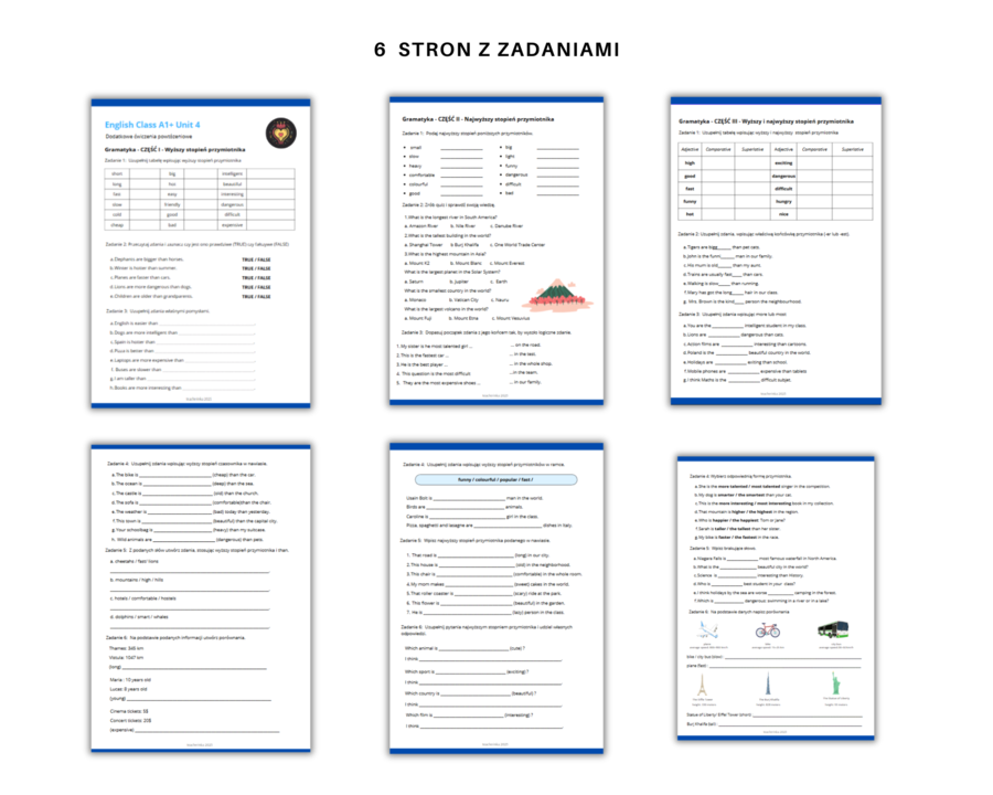 Gramatyka dla klasy 5,6. Język angielski. Stopniowanie przymiotnika. Superlative, Comparative. English Class A1+ Unit 4 Dodatkowe i różnorodne ćwiczenia powtórzenie