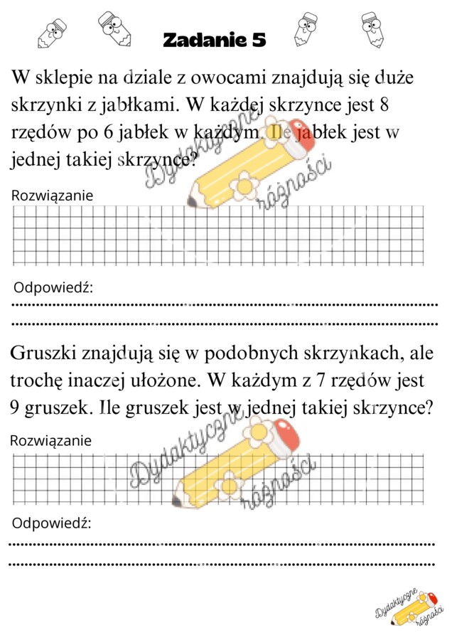 Mnożenie w zakresie 100. Zadania z treścią dwuczłonowe.