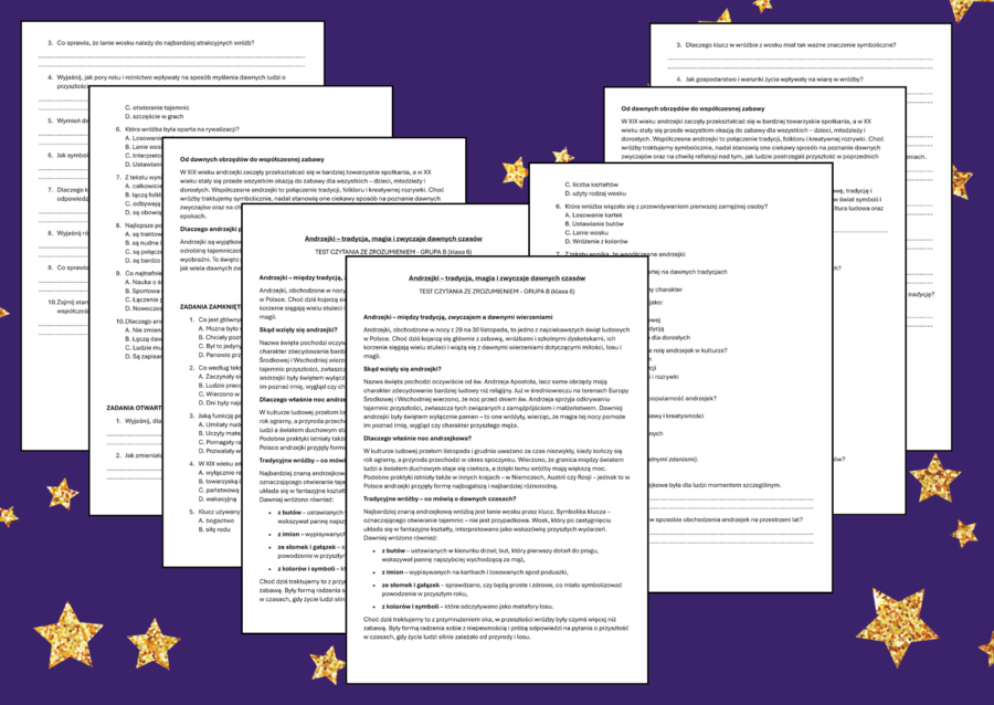 🔮✨ANDRZEJKI – tradycja, magia i zwyczaje dawnych czasów – test – 🎇 CZYTANIE ZE ZROZUMIENIEM – klasa 6 – 2 grupy + odpowiedzi