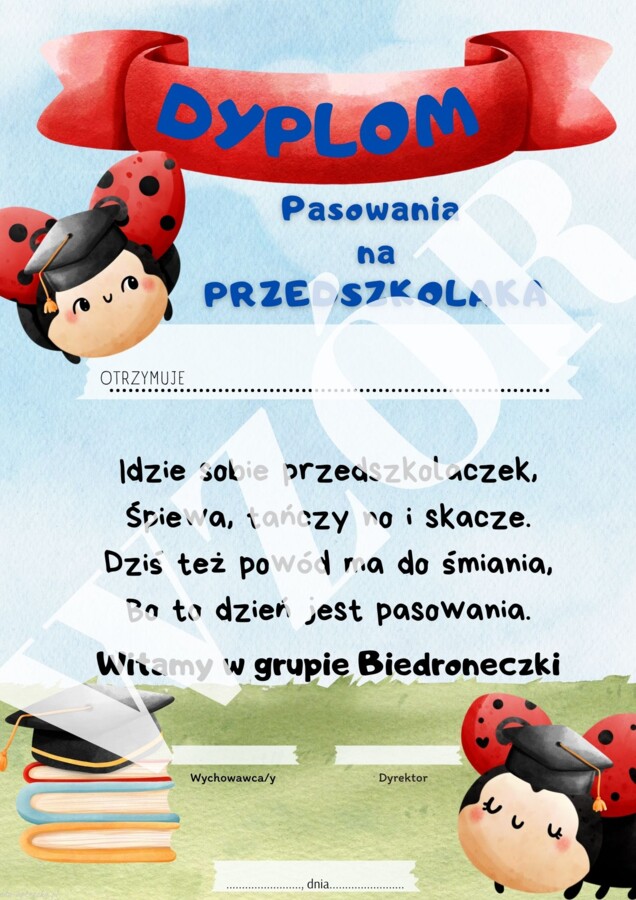 Dyplom pasowania na przedszkolaka - podpisana grupa biedronki