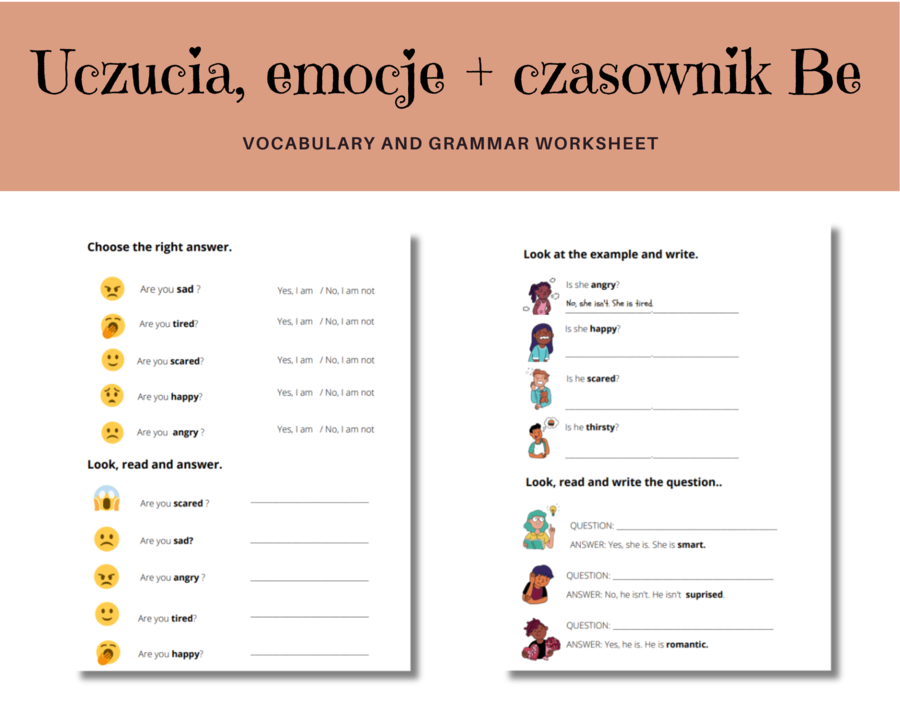 Karty pracy: uczucia i emocje, czasownik Be ( I am, I am not, Are you ...? Is she/he ...?, She/He is, She/ He isn't, Zaimek He, She