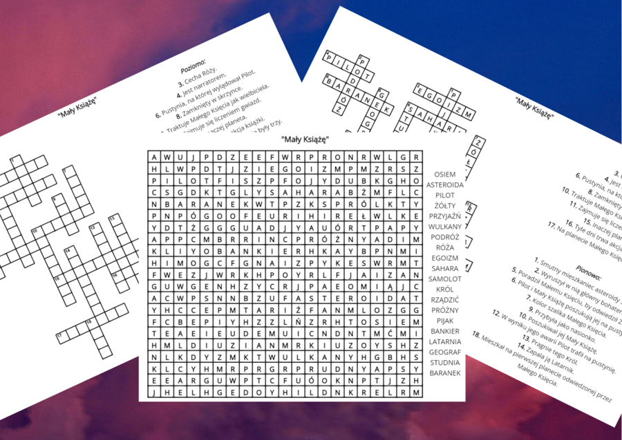 "MAŁY KSIĄŻĘ" - krzyżówka, wykreślanka - lektury obowiązkowe kl.7-8