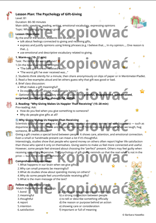 Karta pracy z czytanką The Psychology of Gift-Giving B1 przymiotniki opisujące emocje