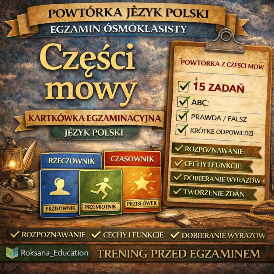 ✏️ Części mowy – kartkówka egzaminacyjna | powtórka przed egzaminem ósmoklasisty (15 zadań)