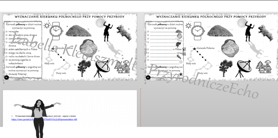 Zestaw na jedną lekcję „Wyznaczanie kierunku północnego przy pomocy przyrody - zajęcia w terenie” – sketchnotka + karta pracy w power point + gratisowy link do prezentacji multimedialnej niekomercyjnej wykonanej w genial.ly do indywidualnego pobrania i u