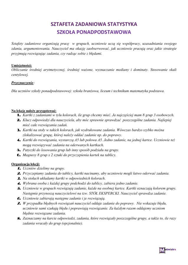 Sztafeta zadaniowa STATYSTYKA dla szkoły ponadpodstawowej