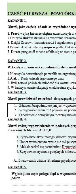 POWÓRKI PRZED EGZAMINEM. Z BOHATERAMI "KAMIENI NA SZANIEC" PRZYPOWMINAMY WIADOMOSCI Z ZAKRESU SKŁADNI.