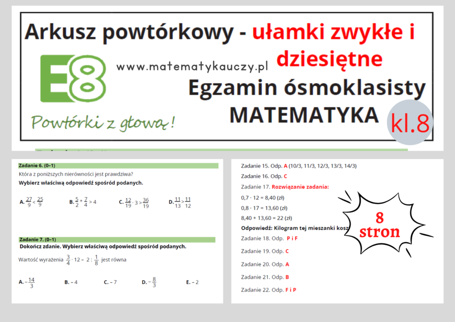 ARKUSZ POWTÓRKOWY kl.8 – UŁAMKI ZWYKŁE I DZIESIĘTNE + odpowiedzi / Wymagania na 2025 rok