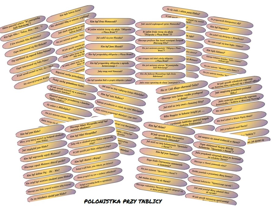 Patyczki lekturowe "Mikołajek" "Chłopcy z Placu Broni" "Akademia pana Kleksa" "Kajko i Kokosz" "Katarynka" "Felix, Net i Nika" "W pamiętniku Zofii Bobrówny" "Hobbit" "Opowieści z Narnii" "Tajemniczy ogród"