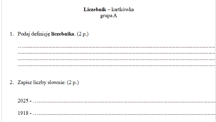 Liczebnik kartkówka klasa 4