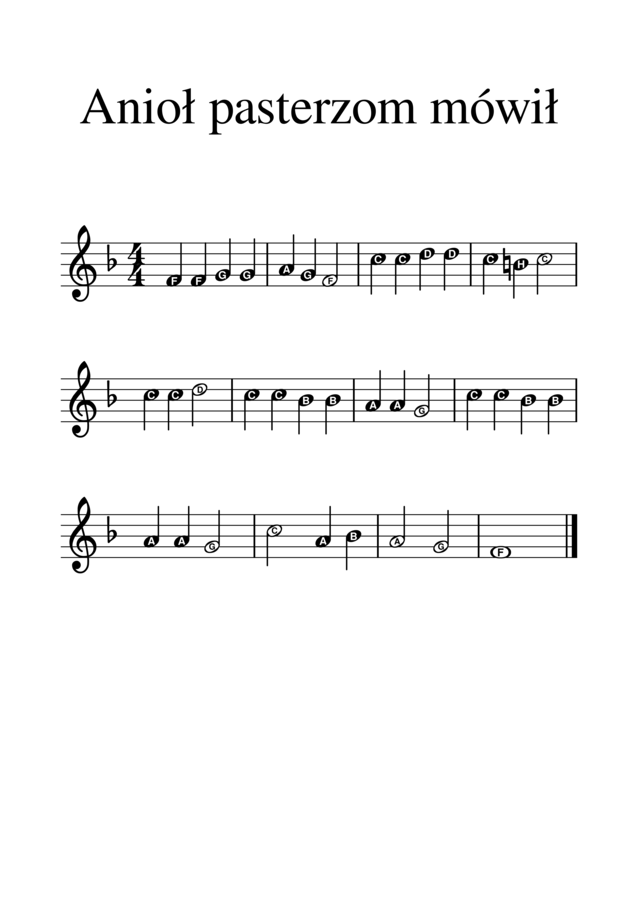 Kolęda Anioł pasterzom mówił. Duże nuty z literowymi nazwami dźwięków.