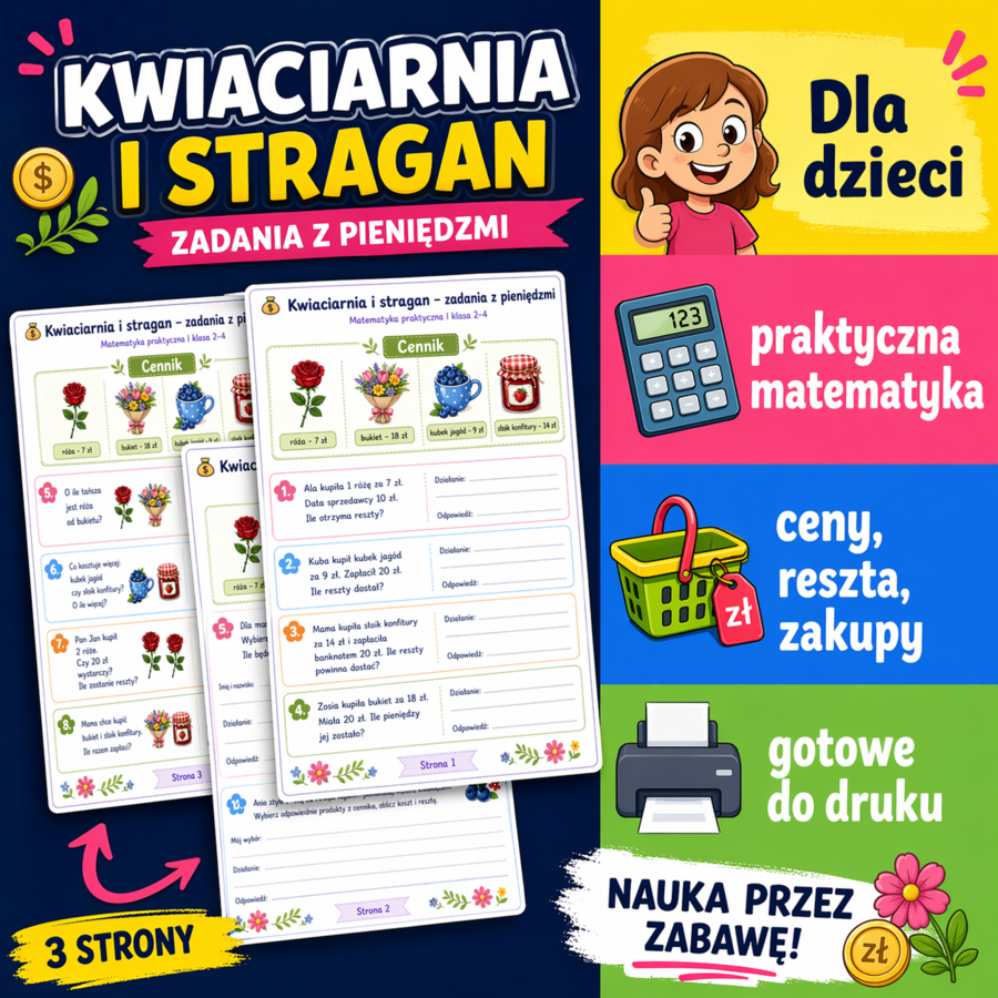 Kwiaciarnia i stragan – zadania z pieniędzmi