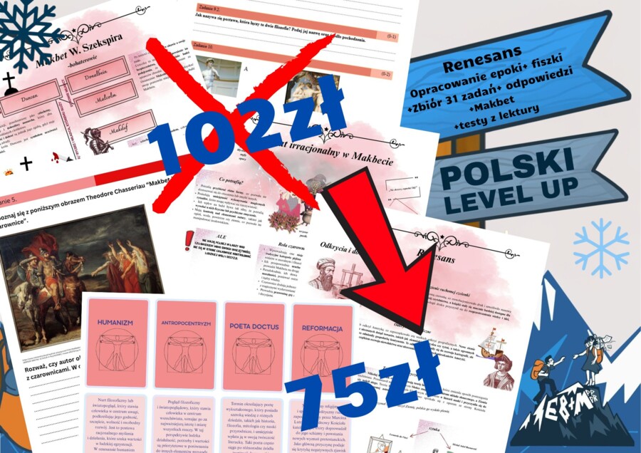 renesans_pakiet 6 elementów (opracowanie epoki+test 31 zadań z kluczem+fiszki+Makbet+test ikonograficzny+kartkówka)_Polski Level Up