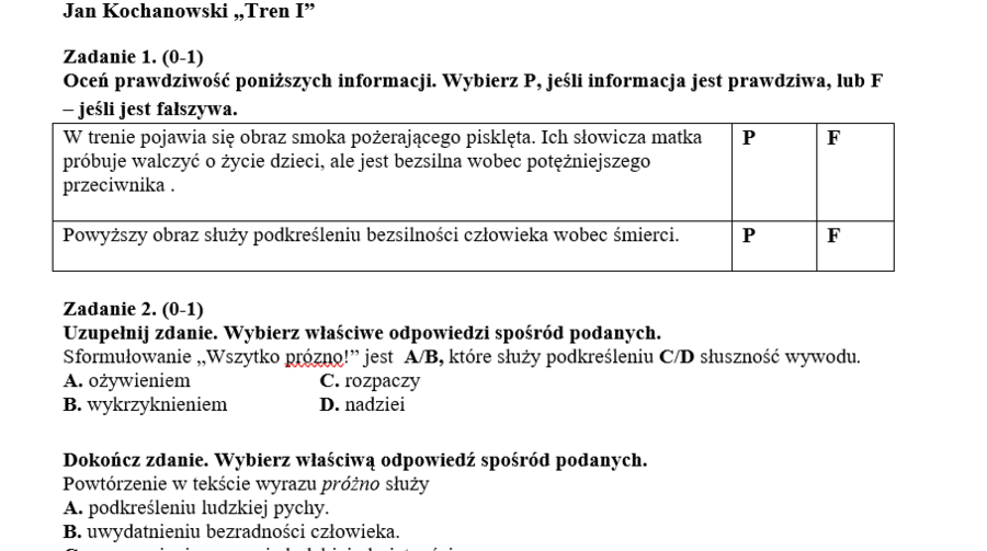 "Tren I" Jana Kochanowskiego - karta pracy