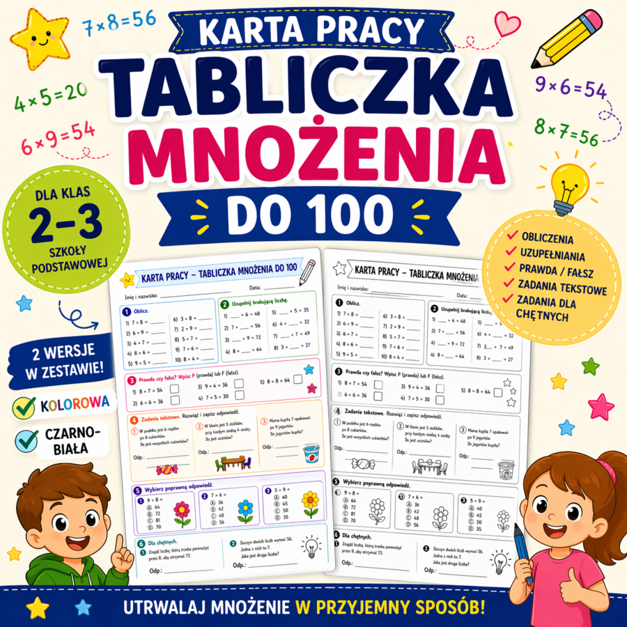 Tabliczka mnożenia do 100 – karta pracy + zadania tekstowe | 2 wersje (kolor + czarno-biała)