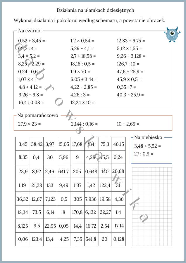 Działania na ułamkach dziesiętnych - kodowanka