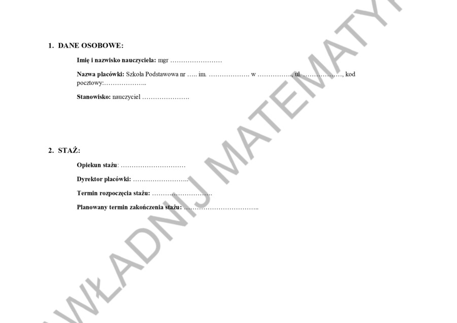 PLAN ROZWOJU NA STOPIEŃ NAUCZYCIELA MIANOWANEGO - STARE ZASADY