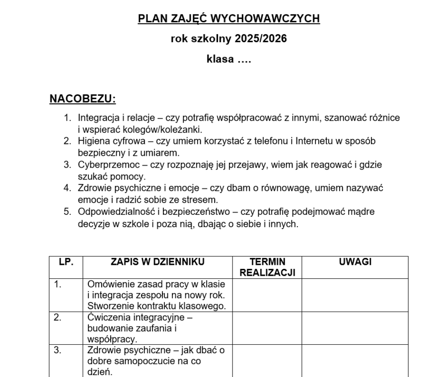 Plan wychowawczy / plan pracy wychowawcy