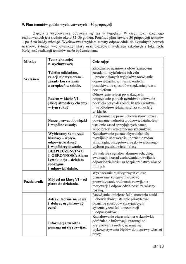 PLAN PRACY WYCHOWAWCZEJ dla klasy VI na rok szkolny 2026/2027