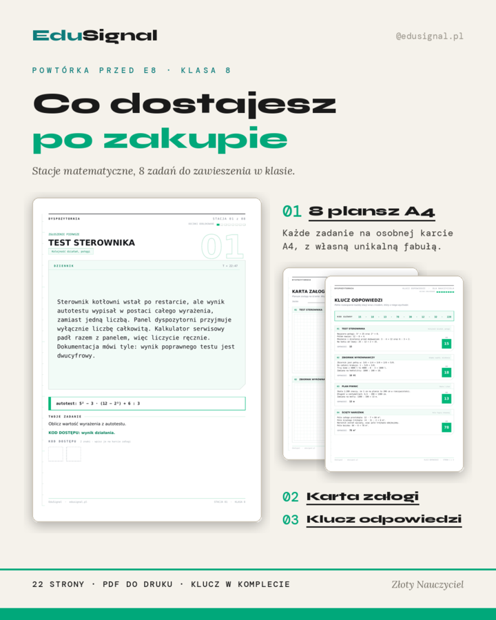 Powtórka przed E8 matematyka— stacje matematyczne, klasa 8, początek roku  (materiał klas 4–7 + klucz)