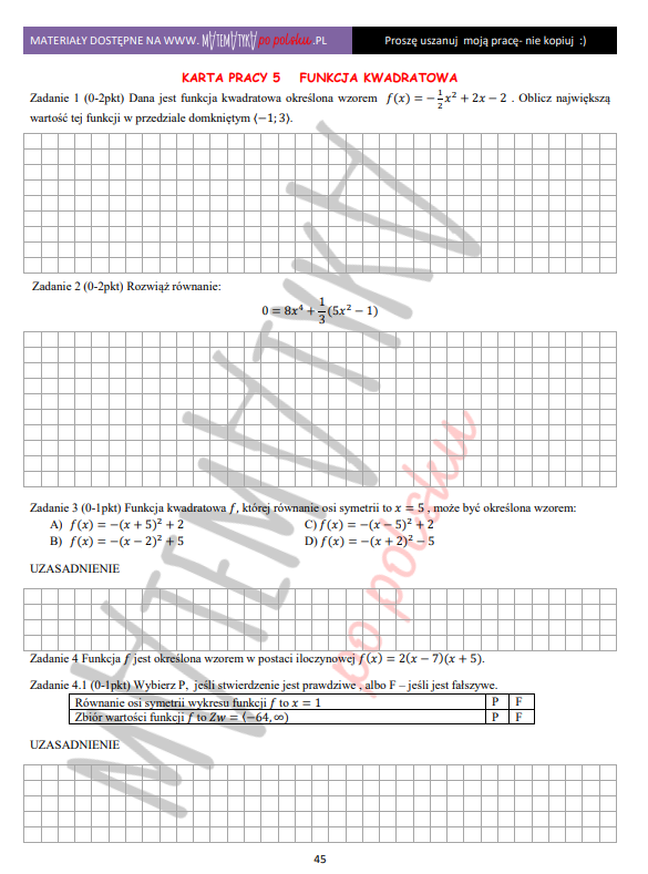 KARTA PRACY-FUNKCJA KWADRATOWA-POZIOM PODSTAWOWY