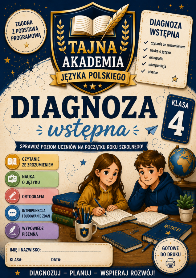 Diagnoza wstępna – język polski klasa 4 | test kompetencji + odpowiedzi + tabela diagnozy