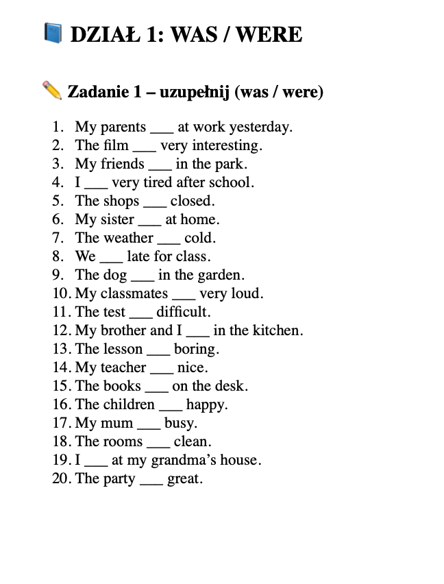 Past Simple dział 1 - was/were Klasa 5
