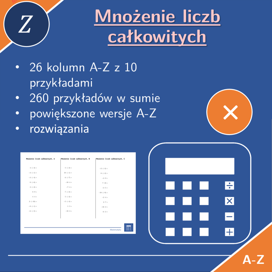 Mnożenie liczb całkowitych | matematyka | 26 kolumn