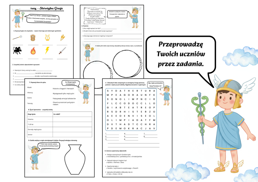 Karta pracy – Powtórzenie - Starożytna Grecja (klasa 5, historia), 4 strony, 9 angażujących zadań