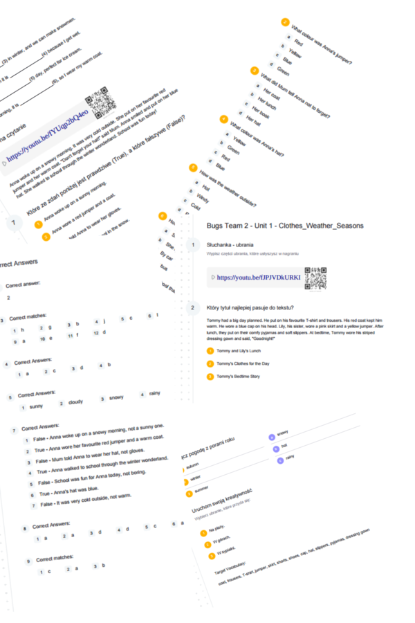 Bugs Team 2 – Unit 1 – karta pracy – clothes, weather, seasons