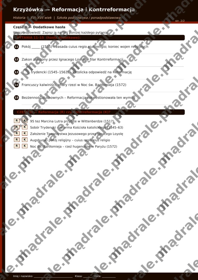 KRZYŻÓWKA "REFORMACJA I KONTRREFORMACJA" KARTA PRACY + KLUCZ ODPOWIEDZI
