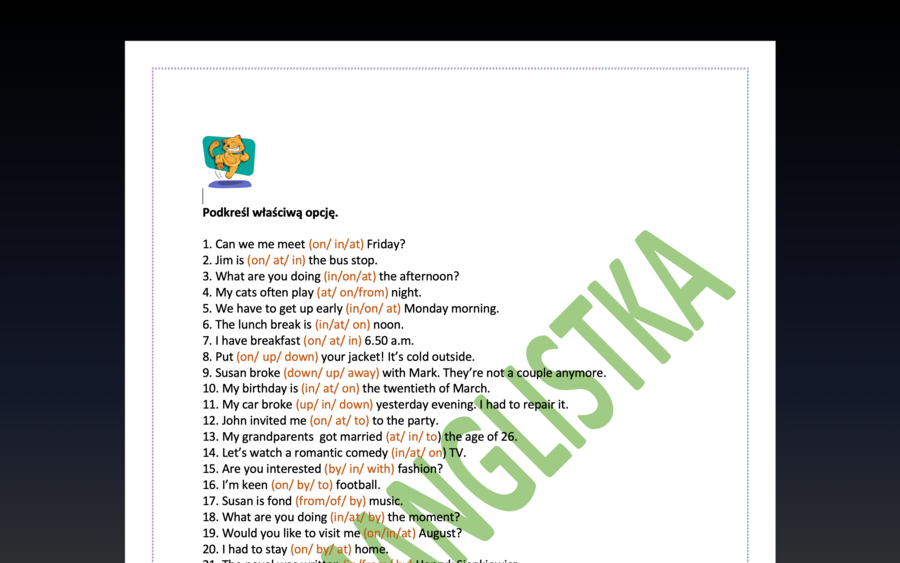 Przyimki - dobieranie właściwej opcji do zdań- powtórka przed egzaminem ósmoklasisty+klucz