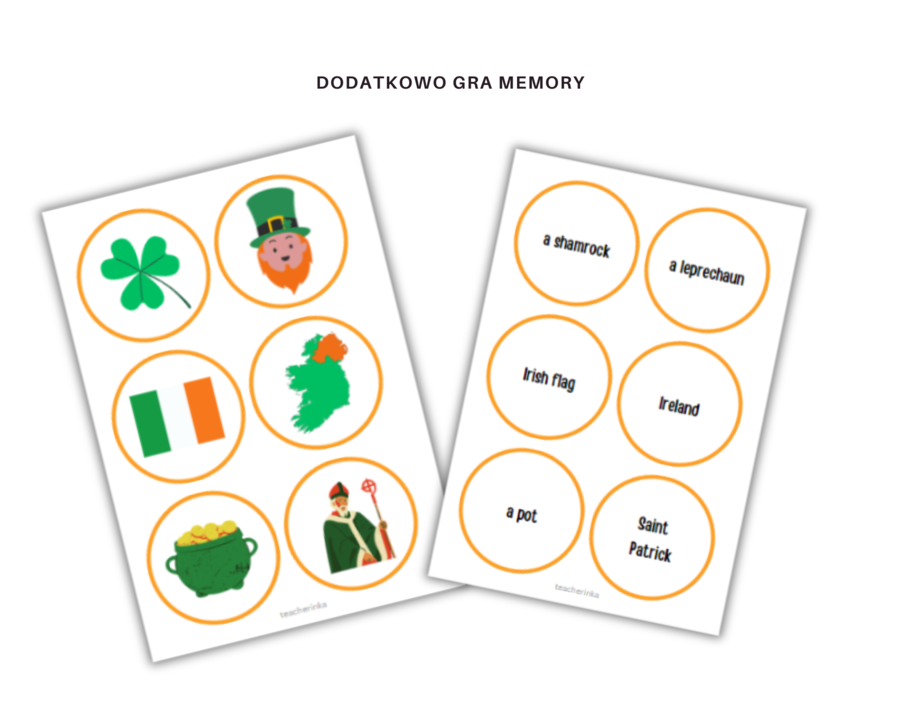 Saint Patrick Vocabulary Worksheet Set - Dzień Świętego Patryka - zestaw kart pracy ze słownictwem i tradycjami, dopasowanie, quiz, wykreślanka, czytanie ze zrozumieniem, dodatkowo karty do gry w memory