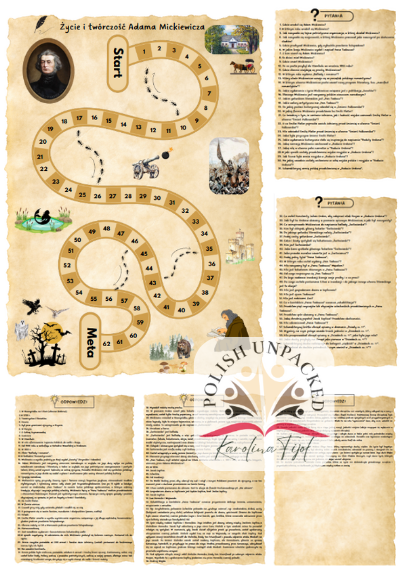 Gra planszowa "Życie i twórczość Adama Mickiewicza", grywalizacja, "Reduta Ordona", "Śmierć Pułkownika", "Dziady cz. II", "Świtezianka", "Pan Tadeusz", egzamin ósmoklasisty, lektury obowiązkowe