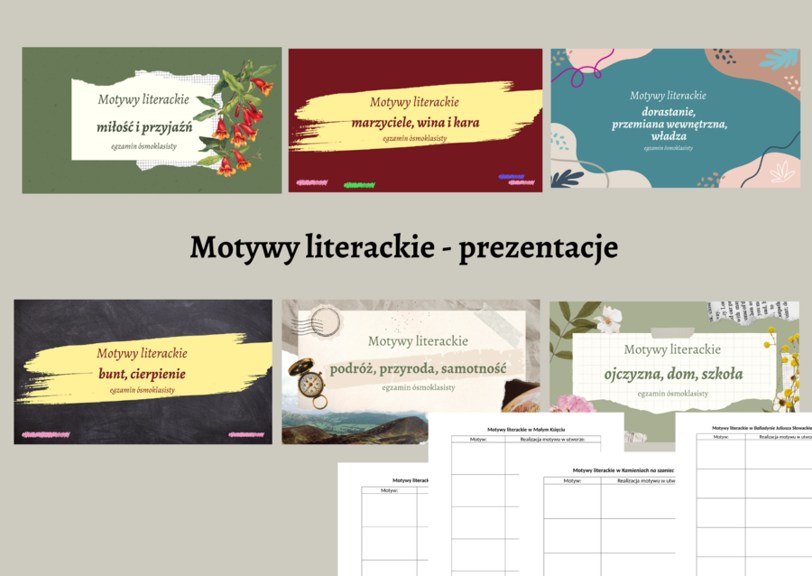 MOTYWY LITERACKIE - ZESTAW 6 PREZENTACJI - 15 motywów - 180 slajdów - lektury kl. 7-8, EGZAMIN - powtórzenie - 30% taniej + karty pracy