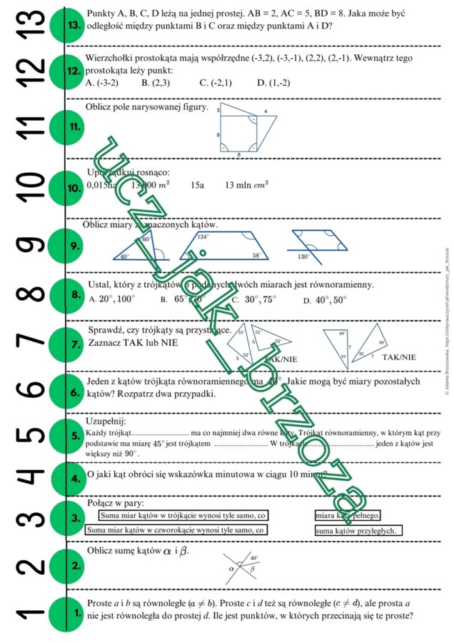 Figury geometryczne, klasa 7, sztafeta zadaniowa, powtórzenie przed sprawdzianem